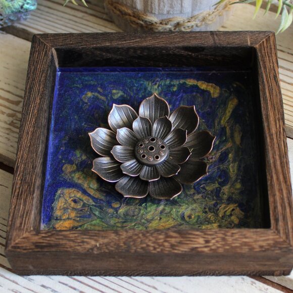 Incense Holder - Lotus  Hand Painted Wood Blue W/Gold - Picture 3 of 4